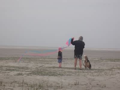 Mujer, niña y perro en la playa